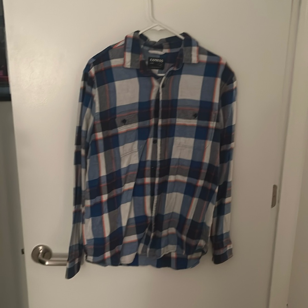 EXPRESS plaid, button-down sweater, blue, white, and orange plaid